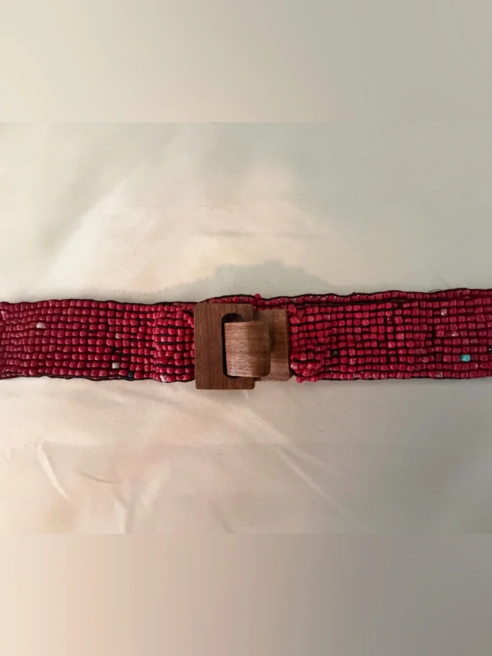 Beaded Red Belt w/Wooden Hook Buckle